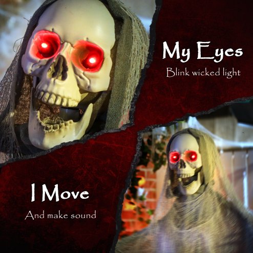 Outsunny 183 cm Life Size Halloween Animated Skeleton Grim Reaper with Glowing LED Eyes, Scary Halloween Decorations, Battery Operated, Indoor Party Props