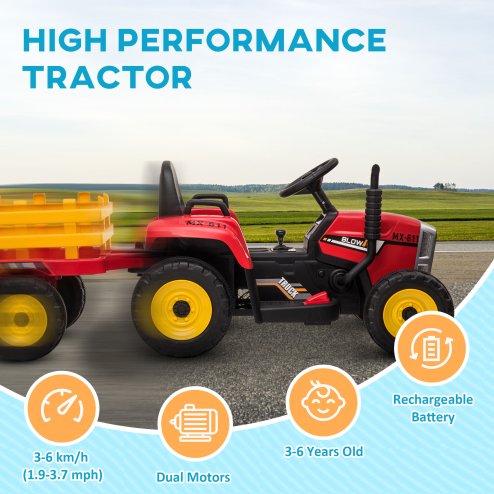 HOMCOM Electric Ride on Tractor 12V Kids Electric Car with Detachable Trailer Remote Control, Music, Horn, Lights, Start-Up Sound, for Ages 3-6 Years - Red