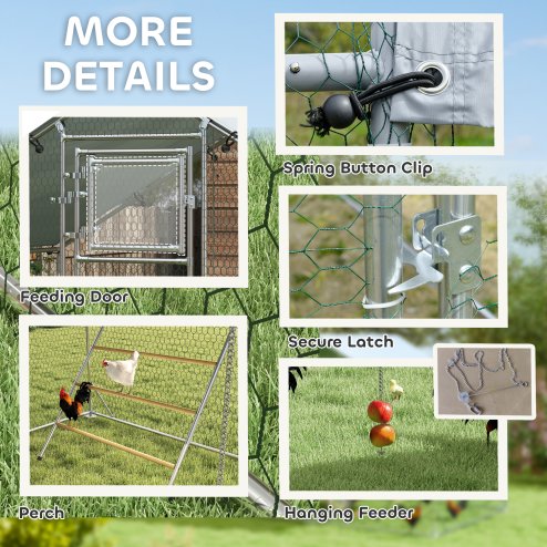 PawHut Walk-in Chicken Run, Galvanised Chicken Coop with Water-Resistant and UV-Resistant Cover, Feeding Door, Hanging Feeder, Perch, Hen Poultry House, for 6-8 Chickens, Ducks, Rabbits, Geese