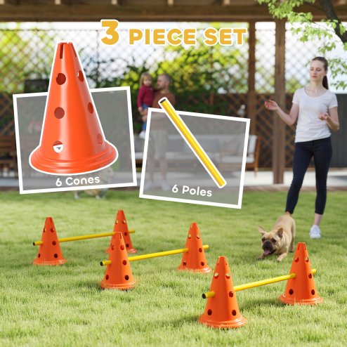 PawHut Dog Agility Set, Portable Pet Jump Training Equipment Kit for Six Cones, Six Poles with Carry Bag, Three-Piece Adjustable Height Jumping Obstacles, Orange