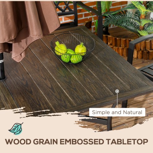 Outsunny Garden Table with Parasol Hole, Outdoor Garden Dining Table with Wood Grain Tabletop and Steel Frame for Patio, Deck, Balcony, Brown, 150 x 96 x 73cm