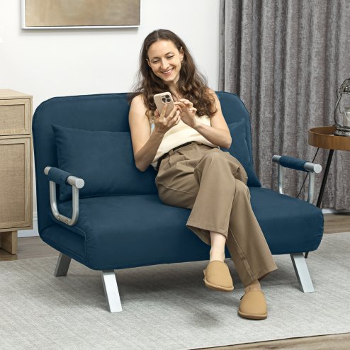 HOMCOM 2 Seater Sofa Bed, Click Clack Convertible Bed Settee, Modern Velvet Feel Fabric Sofa with 2 Cushions for Living Room, Bedroom, Guest Room, Navy Blue