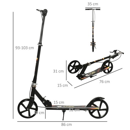 HOMCOM Kids Scooter, Foldable Stunt Scooter with Adjustable Height, Brake for Ages 7-14 Years - Black
