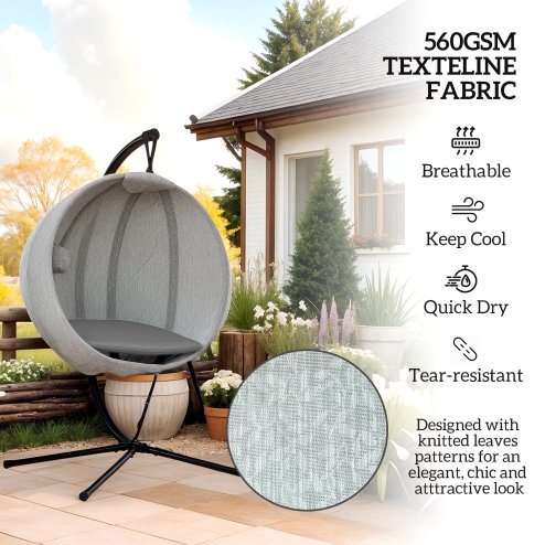 Outsunny Hanging Egg Chair Outdoor Indoor Garden Swing Chair with Folding Basket, Garden Hanging Chair with Stand, Thickened Cushion, Cup Holder for Patio, Balcony, Grey