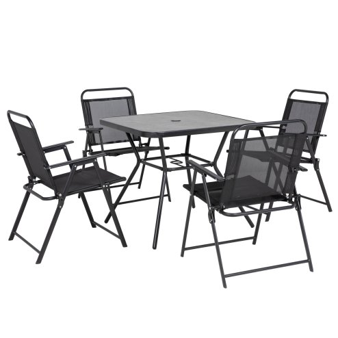 Outsunny 5-Piece Garden Dining Set with 4 Foldable Armchairs, Outdoor Furniture Set with Parasol Hole and Wood-plastic Composite Top Dining Table, Mesh Seat, Black