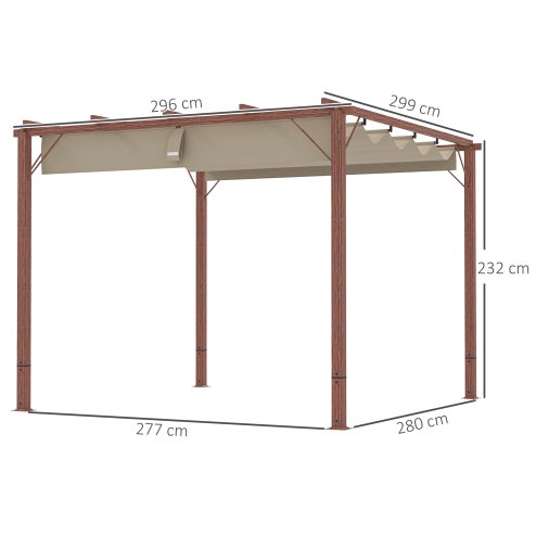 Outsunny 3 x 3(m) Garden Pergola with Retractable Roof Canopy and Wood Grain Aluminium Frame, Outdoor Gazebo Pergola Kit, UPF30+ Sun Shade Shelter for Deck, Porch, Natural Wood Finish