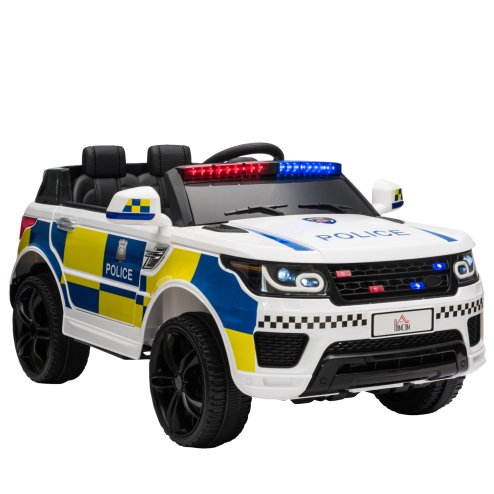 HOMCOM 12V Kids Electric Ride On Police Car 2 Motors with Parental Remote Control Siren Flashing Lights USB Portable for 3-6 Years White Image