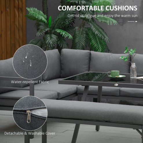 Outsunny 4 Piece L-shaped Garden Furniture Set 8-Seater Aluminium Outdoor Dining Set Conversation Sofa Set w/ Bench, Dining Table & Cushions, Grey