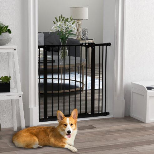 PawHut Dog Gate Stair Gate Pressure Fit Pets Barrier Auto Close for Doorway Hallway, 74-87cm Wide Adjustable, Black