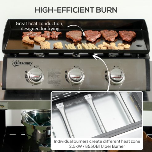 Outsunny Gas Plancha Grill with 3 Stainless Steel Burner, 7.5kW, Portable Tabletop Gas BBQ with Non-Stick Griddle and Lid for Camping Picnic Garden Party Festival