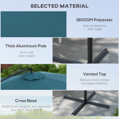 Outsunny 3(m) Cantilever Parasol with Cross Base, Banana Parasol with Crank Handle, Tilt and 8 Ribs, Round Hanging Patio Umbrella for Outdoor Pool, Garden, Balcony, Blue