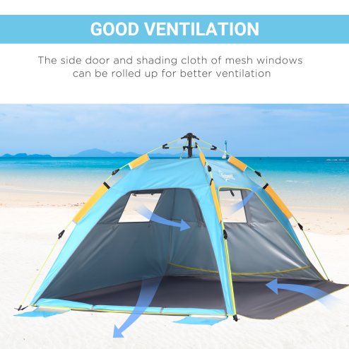 Outsunny 2 Man Pop-up Tent Beach Tent Sun Shelter w/ Windows Doors Hook Sandbags UV Protection Waterproof Outdoor Adventure Garden, Light Blue