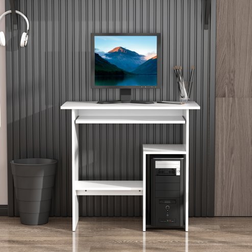 HOMCOM Compact Small Computer Table Wooden Desk Keyboard Tray Storage Shelf Modern Corner Table Home Office