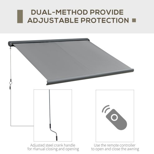 Outsunny 3x2.5m LED Light Full Cassette Case Electric/Manual Awning Door Window Sun Shade Patio Canopy Retractable w/ Remote Grey