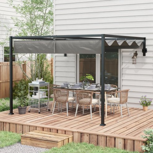 Outsunny 2 x 3(m) Lean To Pergola with Retractable Roof, Wall Mounted Garden Gazebo Outdoor Sun Shade Shelter for Patio, Deck, Dark Grey