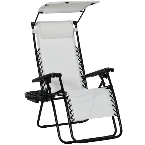 Outsunny Foldable Reclining Garden Chair with Headrest, Zero Gravity Deck Sun Lounger Seat Chair with Footrest, Armrest, Cup Holder & Canopy Shade, White