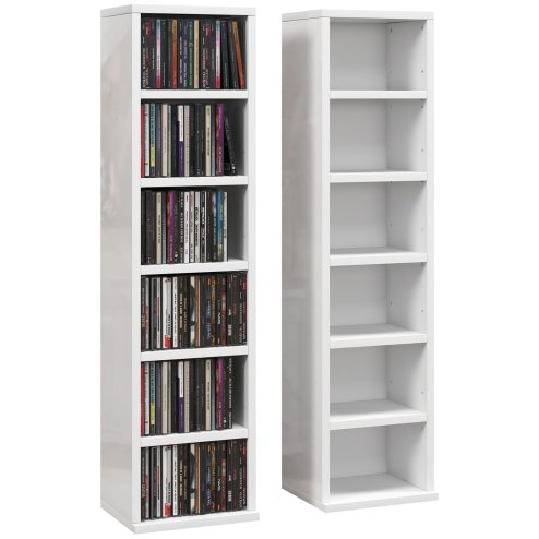 HOMCOM 204 CD Media Display Shelf Unit Set of 2 Blu-Ray Tower Rack w/ Adjustable Shelves Bookcase Storage Organiser, High Gloss White