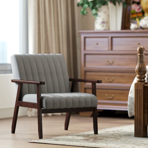 HOMCOM Fabric Accent Chair, Modern Tufted Armchair for Bedroom, Living Room, Upholstered Lounge Chair with Wood Legs, Grey Image