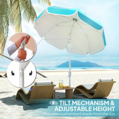 Outsunny 2m Beach Umbrella Portable with Sand Anchor, Adjustable Height & Tilt Beach Parasol with Carry Bag, UPF50+ UV Protection Sunshade Shelter, Blue