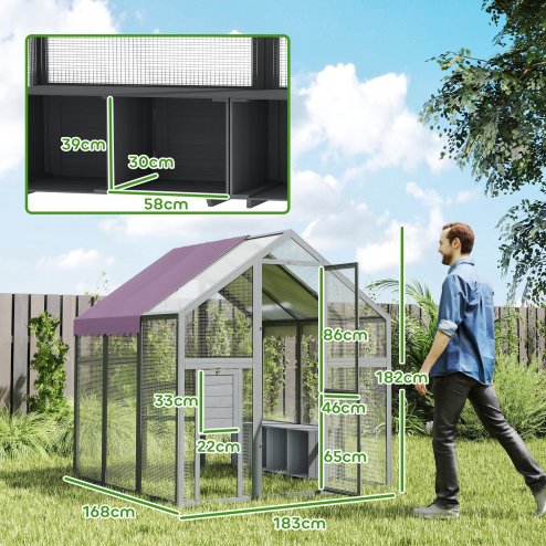 PawHut Chicken Run, Large Wooden Walk In Chicken Coop with Waterproof Cover, Split Door, 2 Nesting Boxes, 2 Roosting Bars, Poultry Hen Cage for 6-8 Chickens, Ducks, Geese, Rabbits, 1.7 x 1.8 x 1.8 m