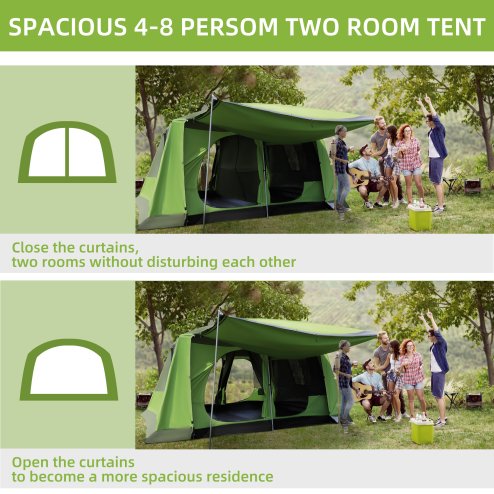 Outsunny Two Room Camping Tent w/ Porch for 4-8 Man, Camping Backpacking Shelter w/ Mesh Windows, Zipped Doors, Lamp Hook & Portable Carry Bag