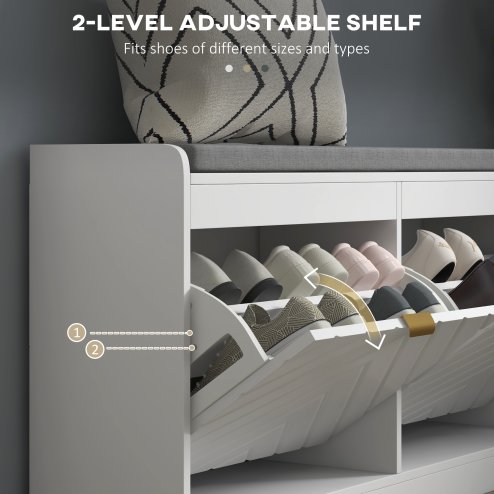 HOMCOM Shoe Storage Bench, Narrow Shoe Bench with 2 Flip Drawers, Seating Cushion and 2 Vents for 8 Pairs of Shoes for Entryway, Hallway, White