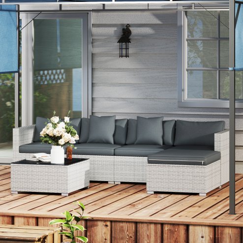 Outsunny 6 Pieces Rattan Garden Furniture Set, 5 Seater Sectional Garden Corner Sofa Set with Glass Top Coffee Table, Cushions and Pillows, All-Weather Wicker Conversation Furniture, Mixed Grey