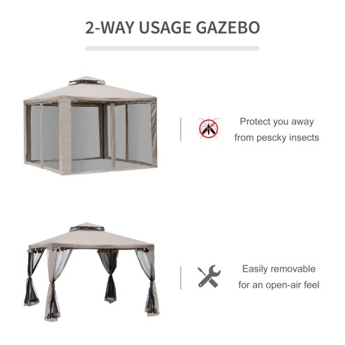 Outsunny 3 x 3 m Metal Gazebo, Garden Pavillion, Double Roof Outdoor Canopy Shelter with Mesh Sidewalls, Taupe