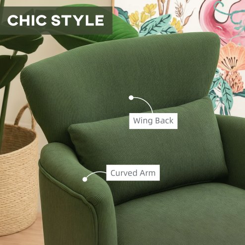 HOMCOM Modern Armchair, Upholstered Corduroy Accent Chair with Thick Padded Seat, Lumbar Pillow, Rubber Wood Legs, Cuddle Chair for Living Room Bedroom Office, Green