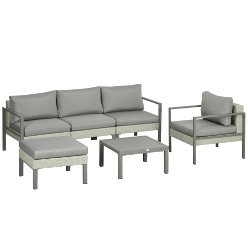 Outsunny 6 Pieces PE Rattan Garden Furniture Set with Sofa, Armchairs, Stool, Patio Sofa Set with Metal Coffee Table, Cushions, for Poolside, Light Grey