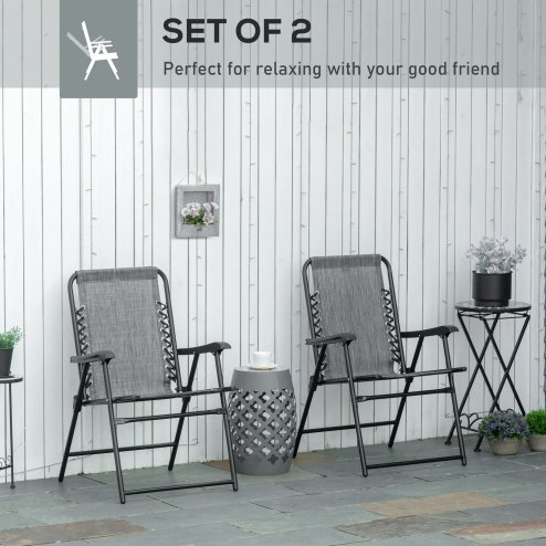 Outsunny Set of 2 Patio Folding Chair Set, Garden Portable Outdoor Chairs with Armrest and Breathable Mesh Fabric Seat and Backrest, for Camping, Beach, Deck, Lawn, Grey