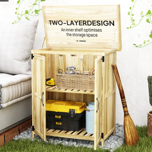 Outsunny Wooden Garden Shed, Garden Tool Storage Shed with Hinged Roof and Shelf, Outdoor Storage Cabinet with Double Doors, Natural Wood Finish