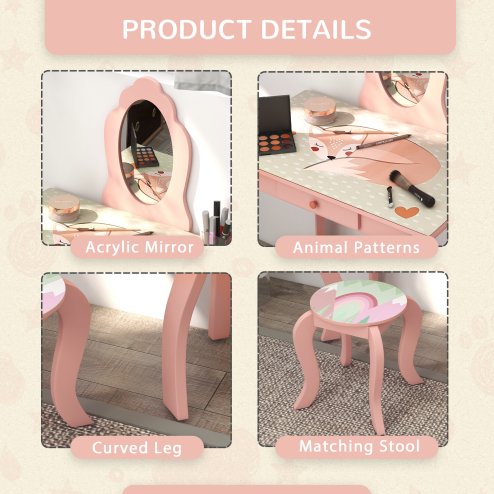 ZONEKIZ Kids Dressing Table, Girls Vanity Table Cute Animal Design with Mirror, Stool, Desk, Drawer for Kids Room, Bedroom, Nursery, 3-6 Years Old, Pink