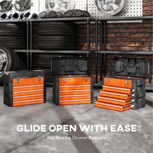 HOMCOM 4 Drawers Large Tool Box, Powder Coated Steel Toolbox with Top Tray, Mini Parts Boxes, Ball Bearing Runners, Handle, Heavy Duty Tool Chest for Workshop, Garage, 497mm x 253mm x 407mm, Orange