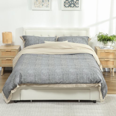 HOMCOM Double Ottoman Bed Frame, 4ft6 Gas Lift Storage Bed with 2-Level Adjustable Velvet Upholstered Headboard, Wheeled Drawer and Wooden Slats, No Mattress, Cream White