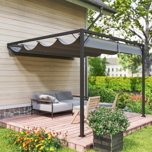 Outsunny 3 x 3(m) Outdoor Lean To Pergola Retractable Canopy Wall Mounted Gazebo Patio Shelter Sun Shade, Grey