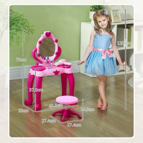 AIYAPLAY Kids Dressing Table with Mirror and Stool, Kids Vanity Table Make Up Pretend Play Toys with Light, Music, 15 Accessories, for Ages 3-6 Years, Pink