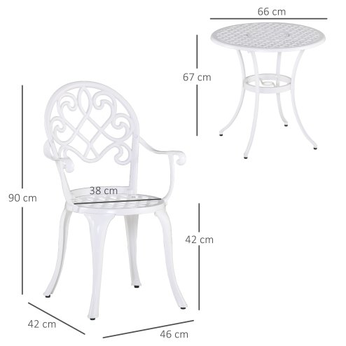 Outsunny 3 Piece Patio Bistro Set for 2, Outdoor Aluminium Garden Table and Chairs with Adjustable Footpads for Balcony, Garden and Patio, White