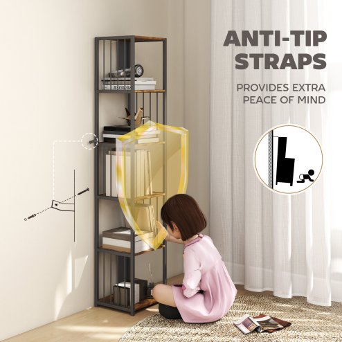 HOMCOM 5-Tier Bookshelf, Modern Tall Bookcase with Steel Frame, Freestanding Display Storage Unit for Living Room, Bedroom, Study, Home Office, Rustic Brown