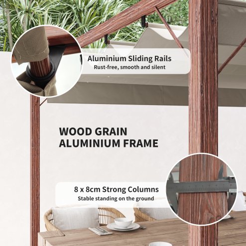 Outsunny 3 x 3(m) Garden Pergola with Retractable Roof Canopy and Wood Grain Aluminium Frame, Outdoor Gazebo Pergola Kit, UPF30+ Sun Shade Shelter for Deck, Porch, Natural Wood Finish