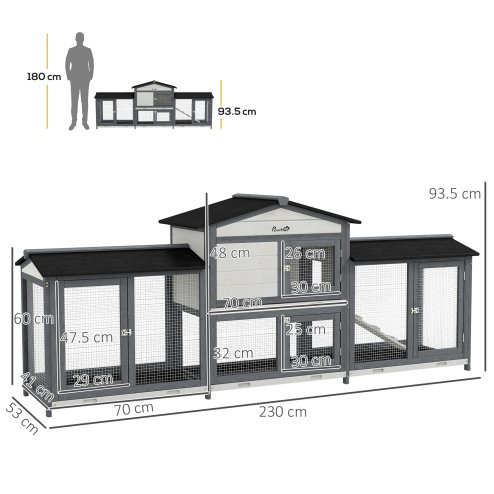 PawHut Large Rabbit Hutch Outdoor, 2-Tier Guinea Pig Hutch, Wooden Bunny Run, Small Animal House with Double Side Run Boxes, No-leak Plastic Tray, Ramp, 230 x 53 x 93.5cm, Light Grey
