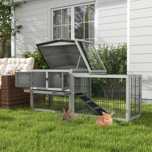PawHut Rabbit Hutch Outdoor, Wooden Guinea Pig Hutch with Run, Openable Roof, Pull-Out Tray, Ramp for 1-2 Rabbits, 150 x 52.5 x 68 cm, Grey