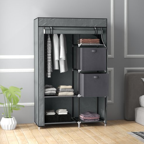 HOMCOM Fabric Wardrobe, Portable Wardrobe, Clothes Storage Unit with 5 Compartments, Hanging Rail and 2 Fabric Drawers, 102 x 42.5 x 162.5cm, Dark Grey Image