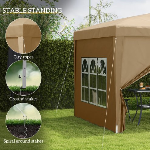 Outsunny 3 x 3 Meters Pop Up Water Resistant Gazebo Wedding Camping Party Tent Canopy Marquee with Carry Bag and 2 Windows, Khaki