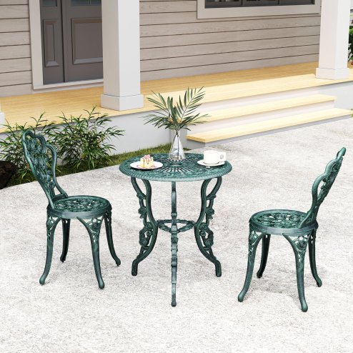 Outsunny Garden Bistro Set with Umbrella Hole, 3 Piece Cast Aluminium Garden Furniture Set, Antique Floral Round Coffee Table and Chairs, Small Balcony Furniture for Outdoor, Patio, Green