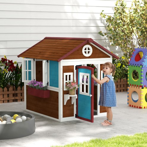 Outsunny Wooden Playhouse for Kids Outdoor Wendy House with Doors, Windows, Plant Pots, Boxes, for 3-8 Years - Dark Brown