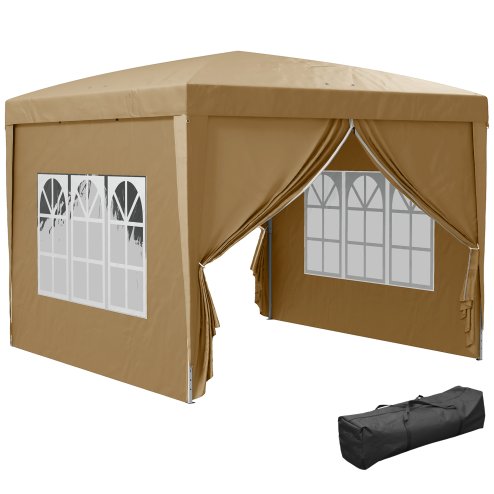 Outsunny 3 x 3 Meters Pop Up Water Resistant Gazebo Wedding Camping Party Tent Canopy Marquee with Carry Bag and 2 Windows, Khaki Image