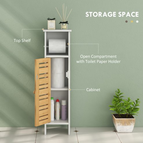 HOMCOM Bathroom Cabinet with Toilet Paper Holder, Slim Bathroom Floor Storage Cabinet Unit with Adjustable Shelf, Toilet Paper Stand, 78cm Tall, White