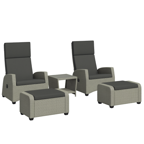 Outsunny 5 Pieces PE Rattan Garden Furniture Set, Wicker Outdoor Furniture Set with Reclining Chairs, Coffee Table, Footstools and Thick Cushions for Balcony, Patio, Charcoal Grey