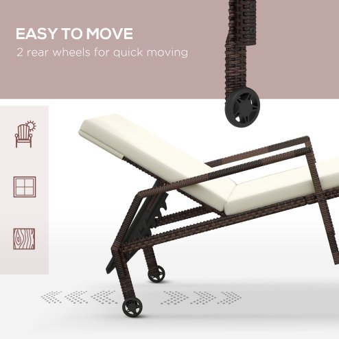 Outsunny Outdoor PE Rattan Sun Lounger, 5-Level Adjustable Backrest Wicker Outdoor Chaise Recliner, Garden Chair with 2 Wheels, Cream White